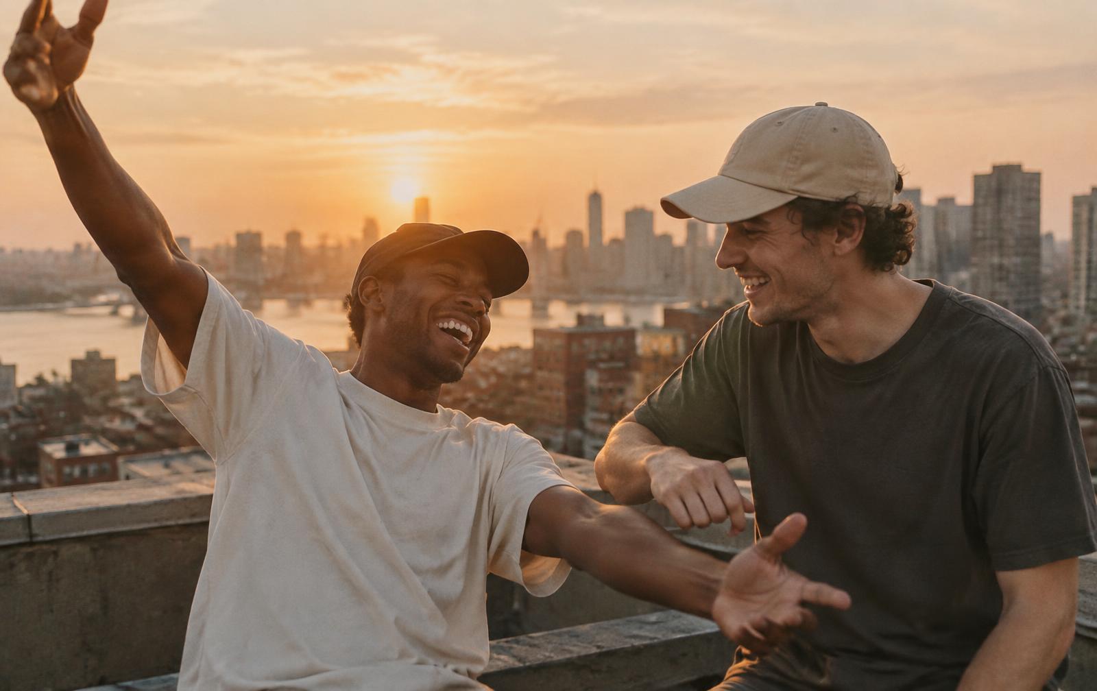 Two friends laughing together on a rooftop at sunrise