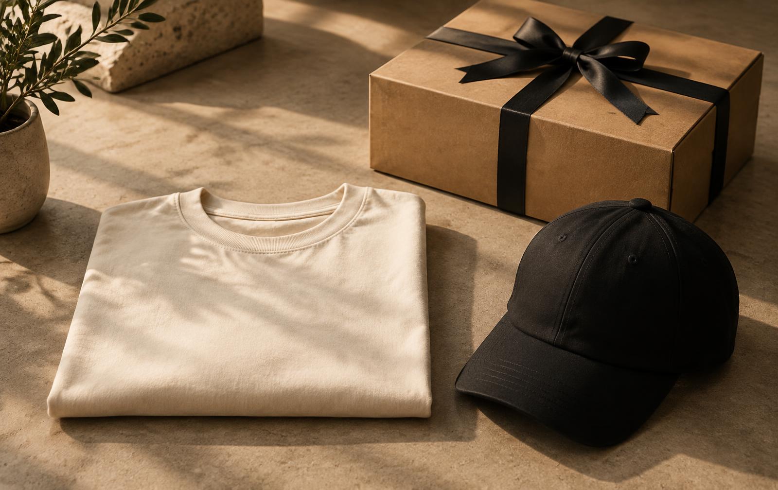 A folded cream tee and black cap beside a wrapped gift box
